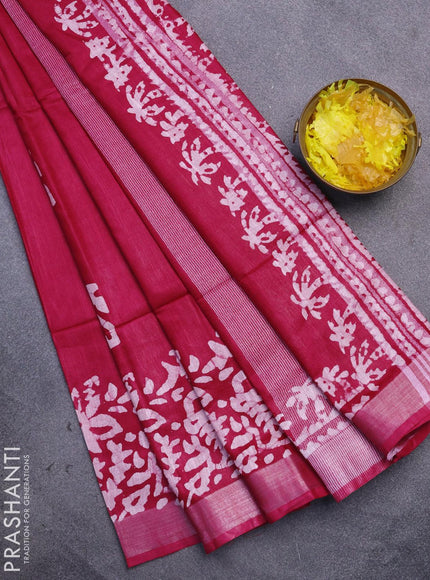 Linen cotton saree pink with allover batik butta prints and silver zari woven border