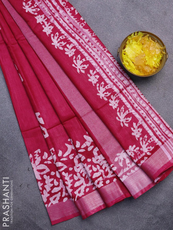 Linen cotton saree pink with allover batik butta prints and silver zari woven border