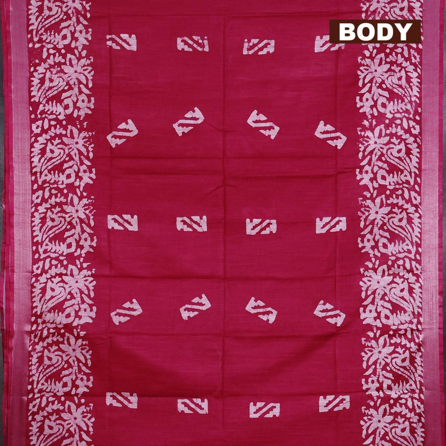 Linen cotton saree pink with allover batik butta prints and silver zari woven border