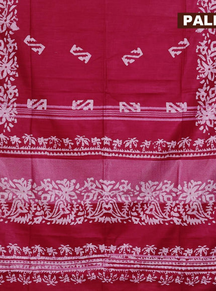 Linen cotton saree pink with allover batik butta prints and silver zari woven border