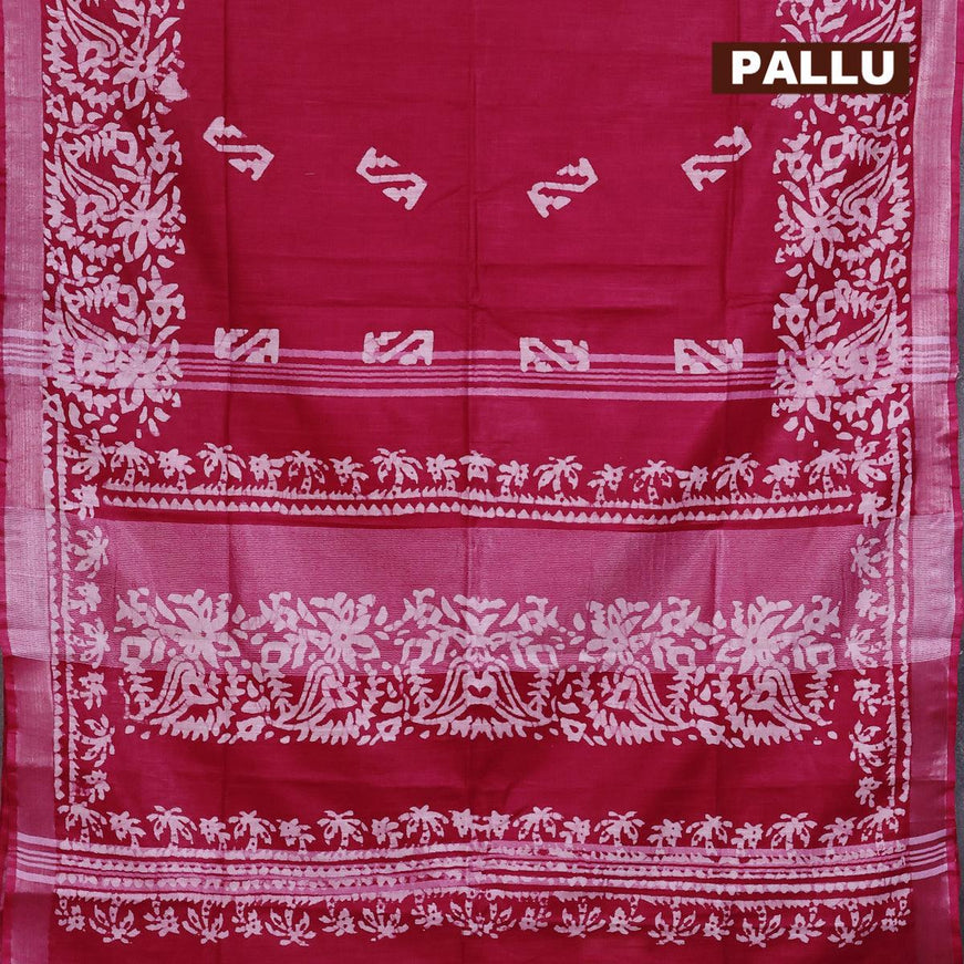 Linen cotton saree pink with allover batik butta prints and silver zari woven border