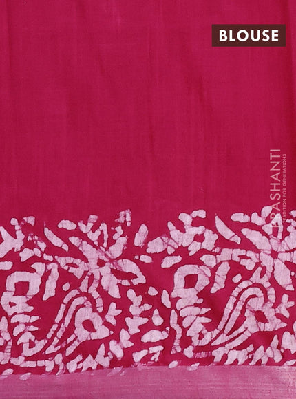 Linen cotton saree pink with allover batik butta prints and silver zari woven border