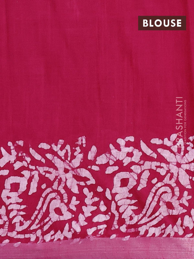 Linen cotton saree pink with allover batik butta prints and silver zari woven border