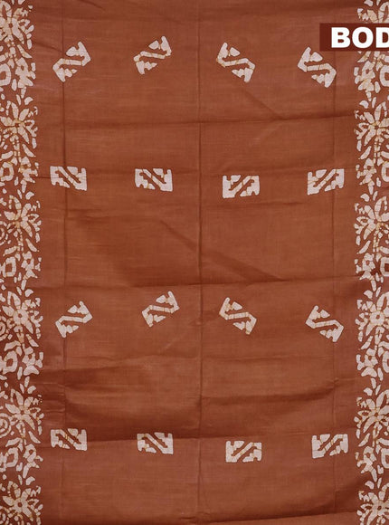 Linen cotton saree brown shade with allover batik butta prints and silver zari woven border