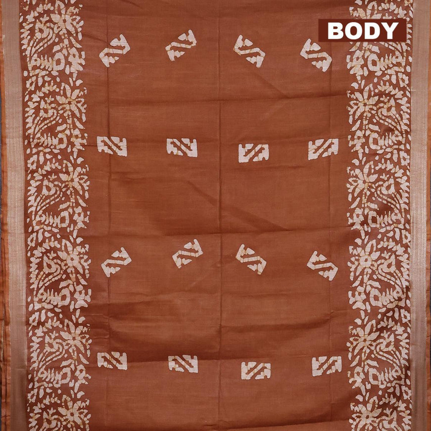 Linen cotton saree brown shade with allover batik butta prints and silver zari woven border