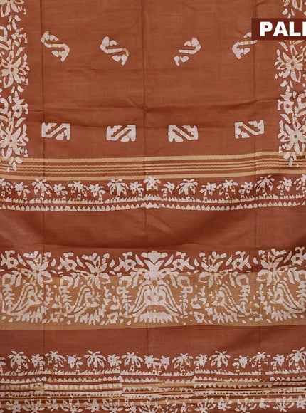 Linen cotton saree brown shade with allover batik butta prints and silver zari woven border