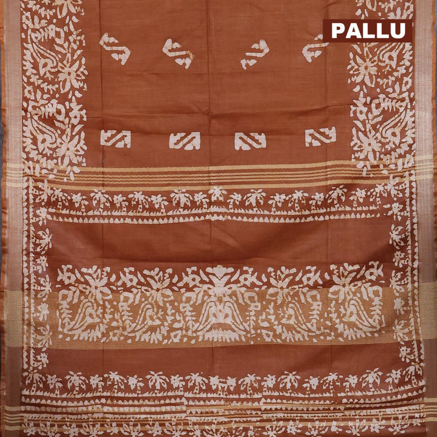 Linen cotton saree brown shade with allover batik butta prints and silver zari woven border