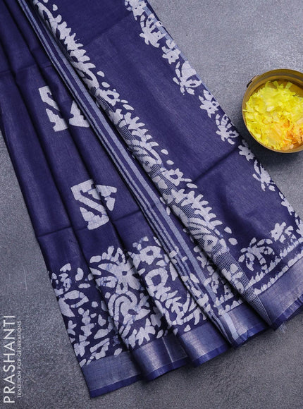 Linen cotton saree navy blue with allover batik butta prints and silver zari woven border