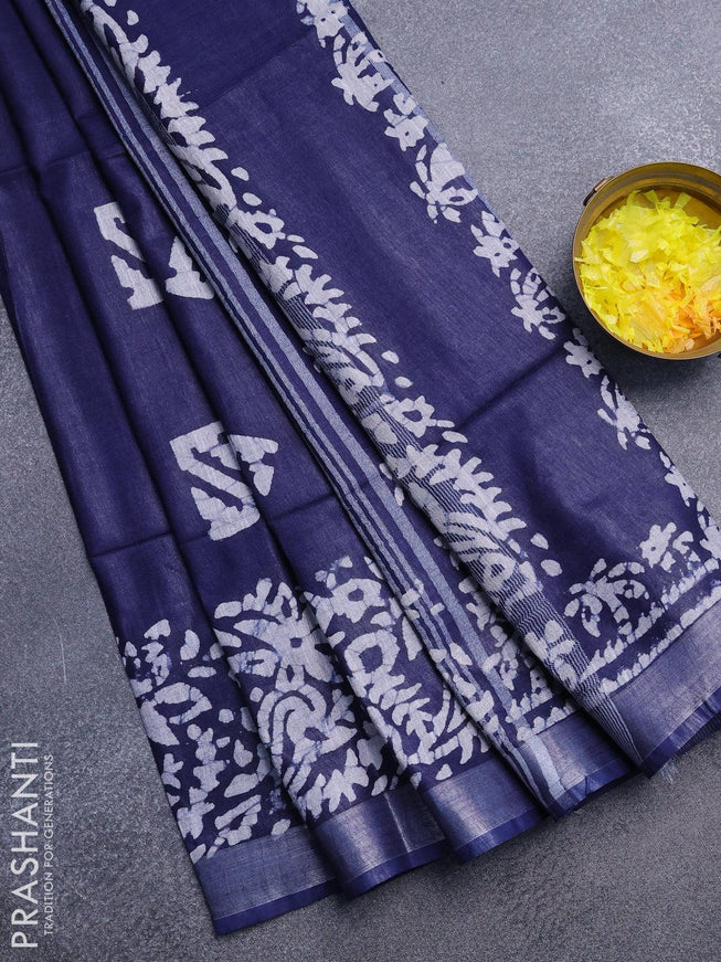 Linen cotton saree navy blue with allover batik butta prints and silver zari woven border