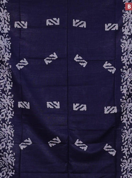 Linen cotton saree navy blue with allover batik butta prints and silver zari woven border