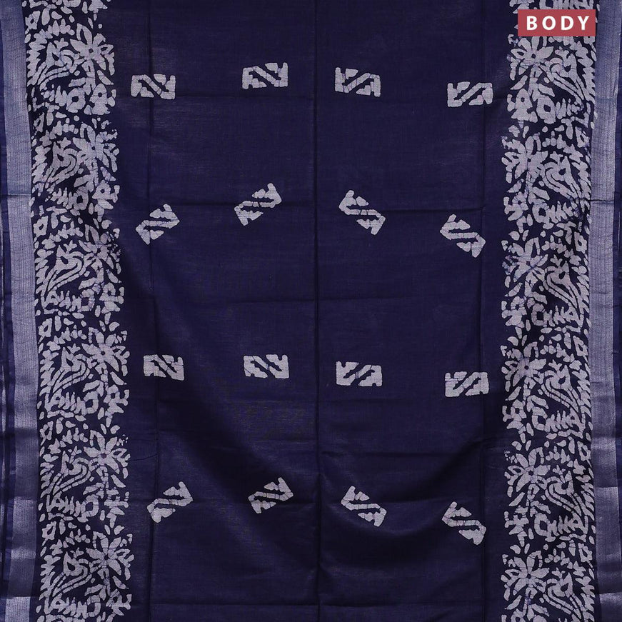 Linen cotton saree navy blue with allover batik butta prints and silver zari woven border