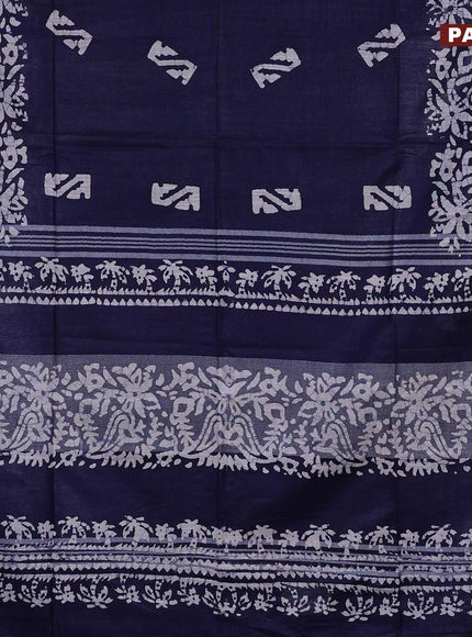 Linen cotton saree navy blue with allover batik butta prints and silver zari woven border