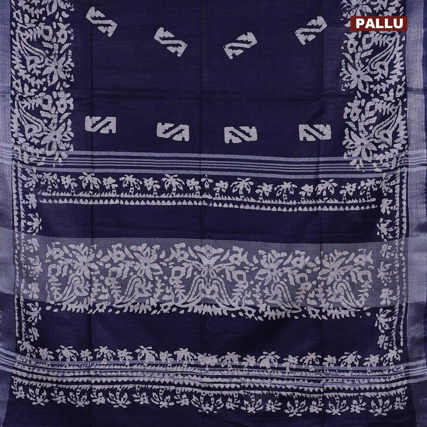 Linen cotton saree navy blue with allover batik butta prints and silver zari woven border