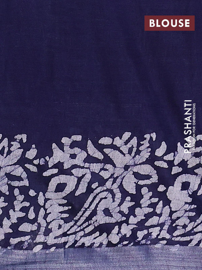 Linen cotton saree navy blue with allover batik butta prints and silver zari woven border