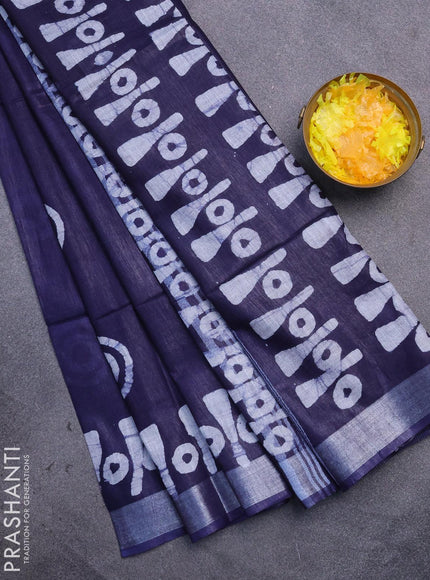 Linen cotton saree navy blue with allover batik butta prints and silver zari woven border