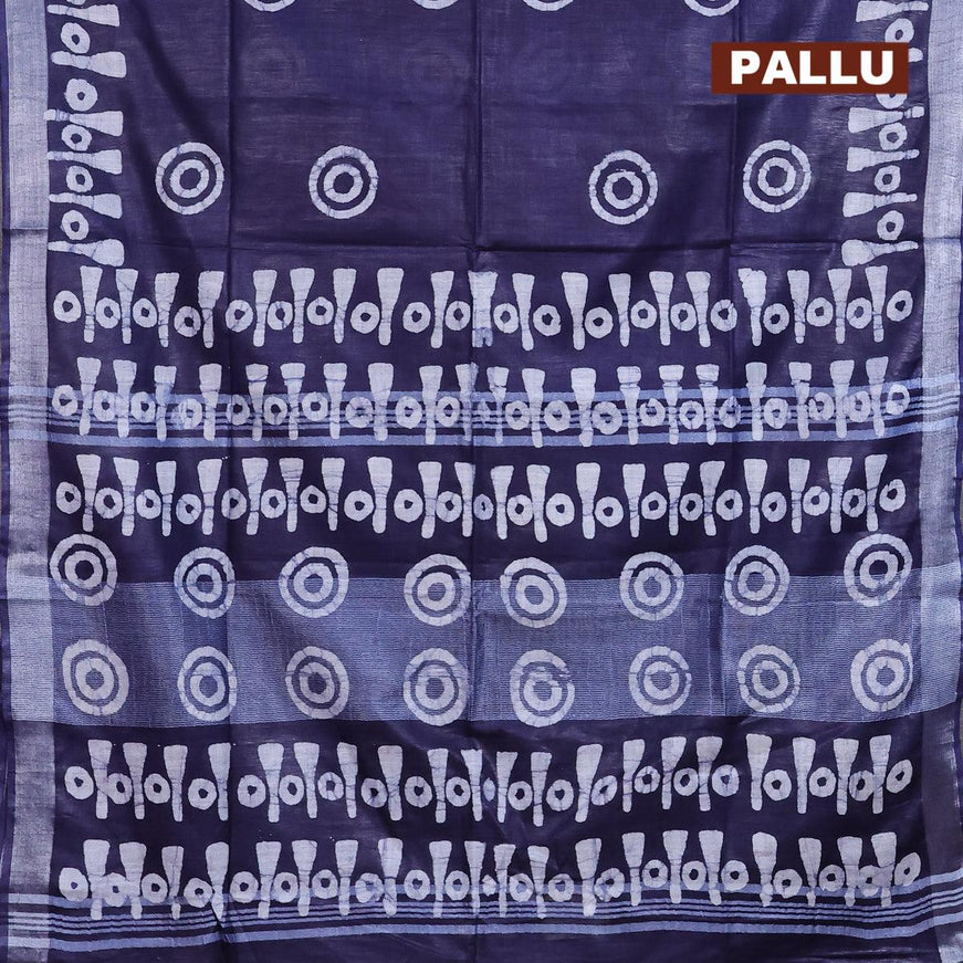 Linen cotton saree navy blue with allover batik butta prints and silver zari woven border