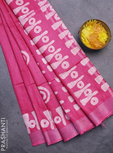 Linen cotton saree pink with allover batik butta prints and silver zari woven border