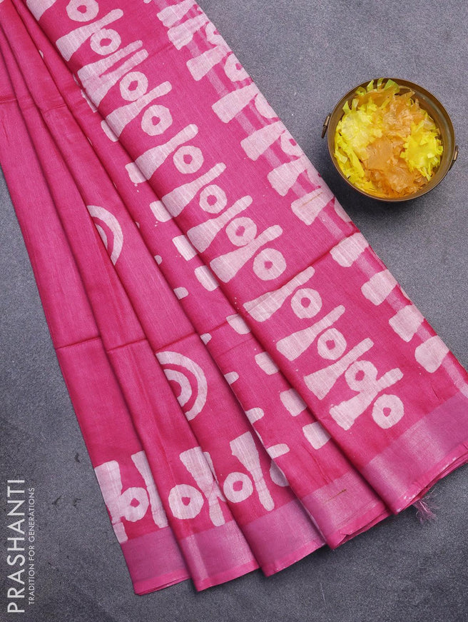 Linen cotton saree pink with allover batik butta prints and silver zari woven border