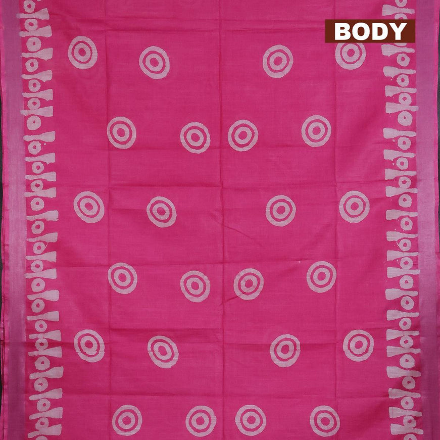 Linen cotton saree pink with allover batik butta prints and silver zari woven border