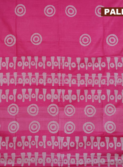 Linen cotton saree pink with allover batik butta prints and silver zari woven border