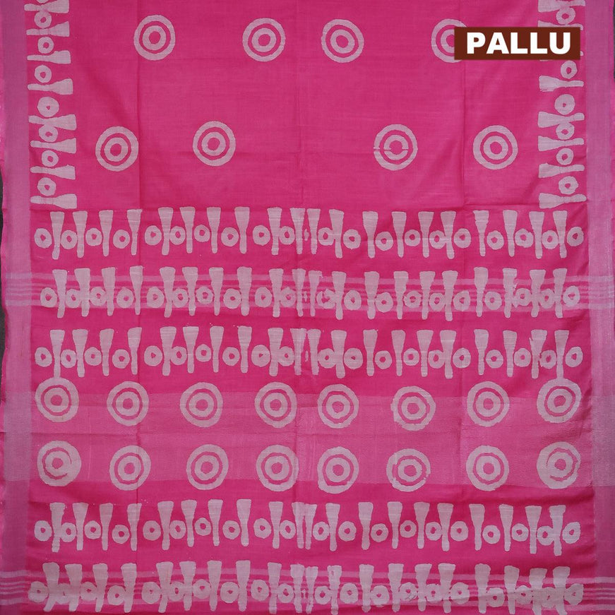 Linen cotton saree pink with allover batik butta prints and silver zari woven border