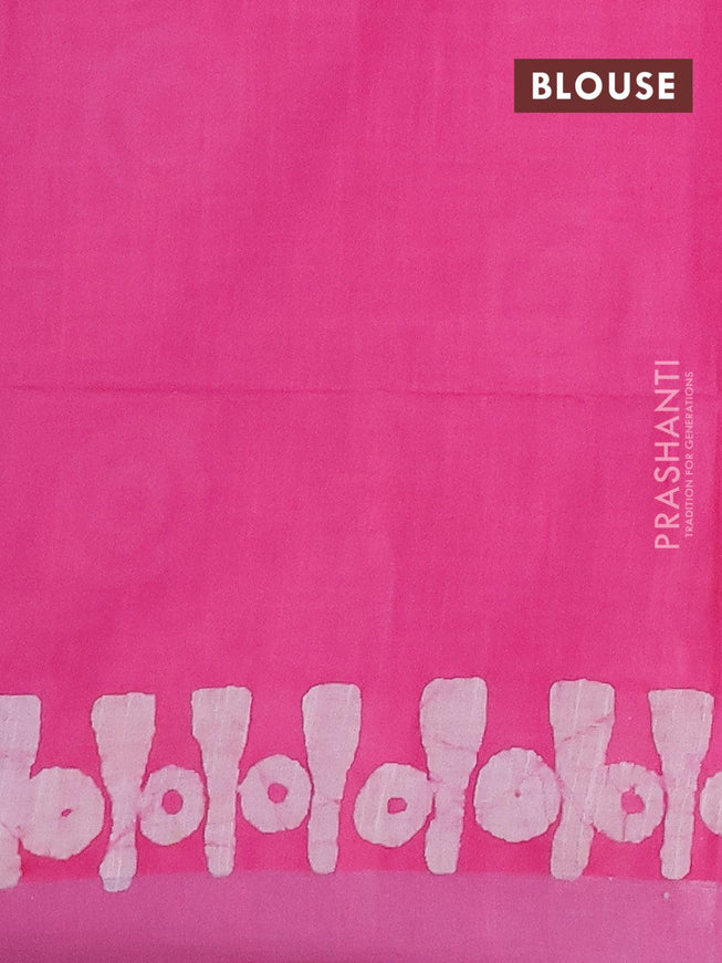 Linen cotton saree pink with allover batik butta prints and silver zari woven border