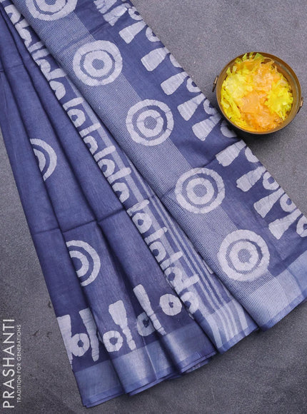 Linen cotton saree grey with allover batik butta prints and silver zari woven border