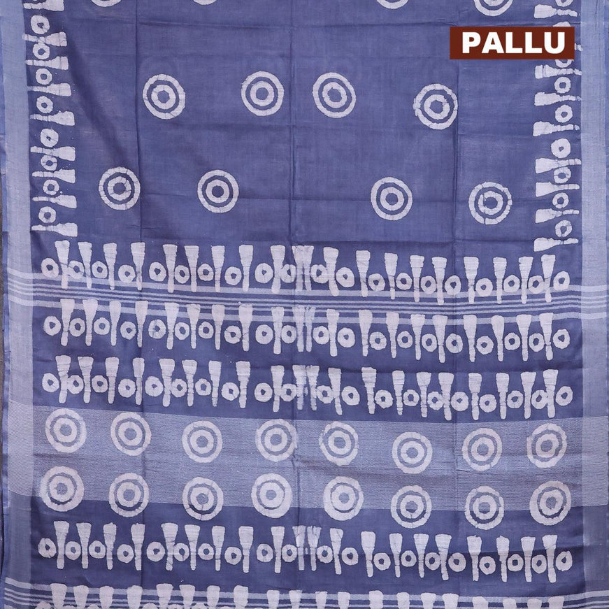 Linen cotton saree grey with allover batik butta prints and silver zari woven border