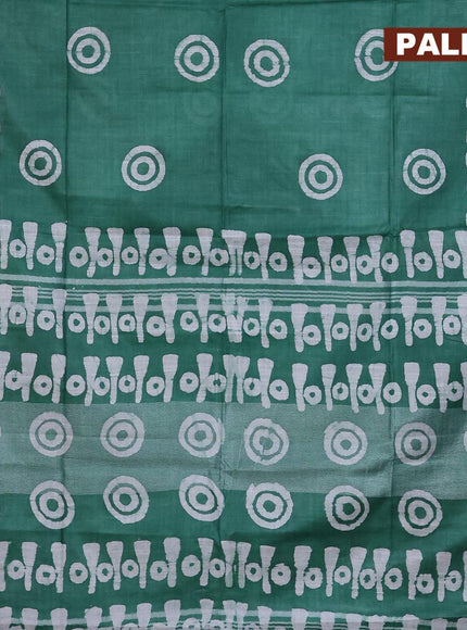 Linen cotton saree green with allover batik butta prints and silver zari woven border