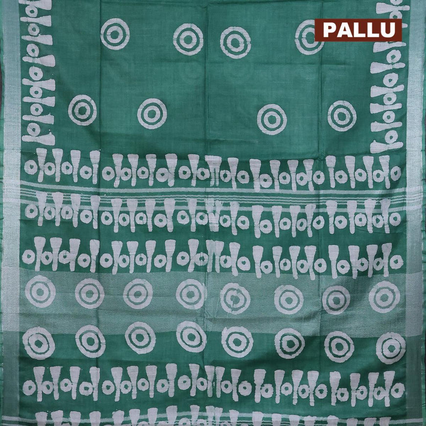 Linen cotton saree green with allover batik butta prints and silver zari woven border