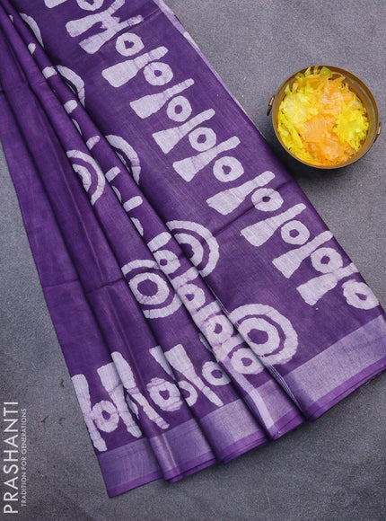 Linen cotton saree violet with allover batik butta prints and silver zari woven border