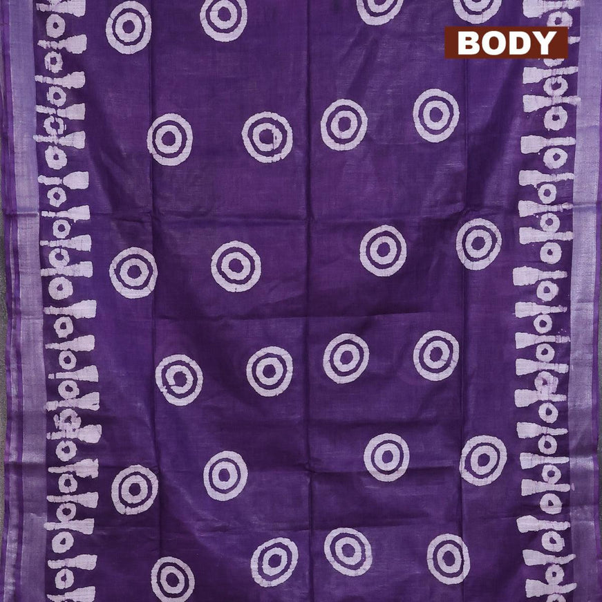 Linen cotton saree violet with allover batik butta prints and silver zari woven border