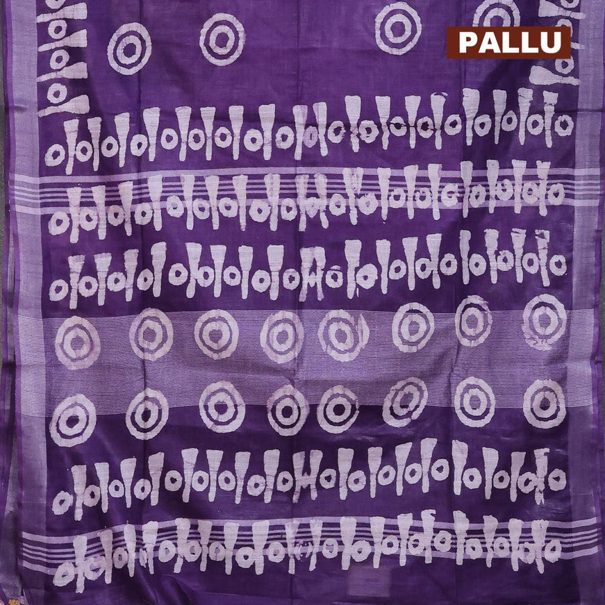 Linen cotton saree violet with allover batik butta prints and silver zari woven border