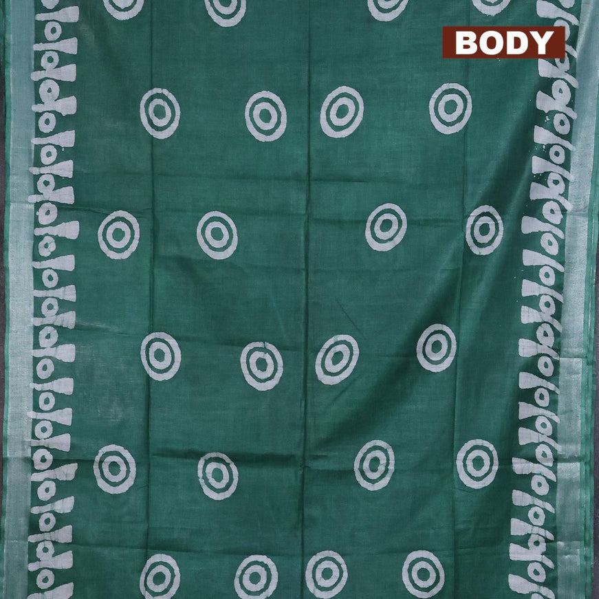 Linen cotton saree green with allover batik butta prints and silver zari woven border