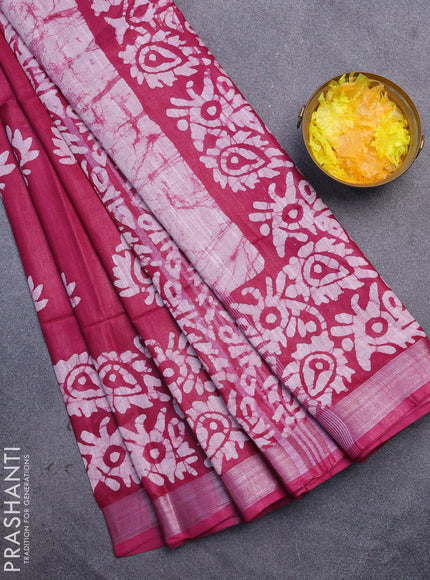 Linen cotton saree dark magenta with allover batik butta prints and silver zari woven border