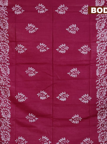 Linen cotton saree dark magenta with allover batik butta prints and silver zari woven border