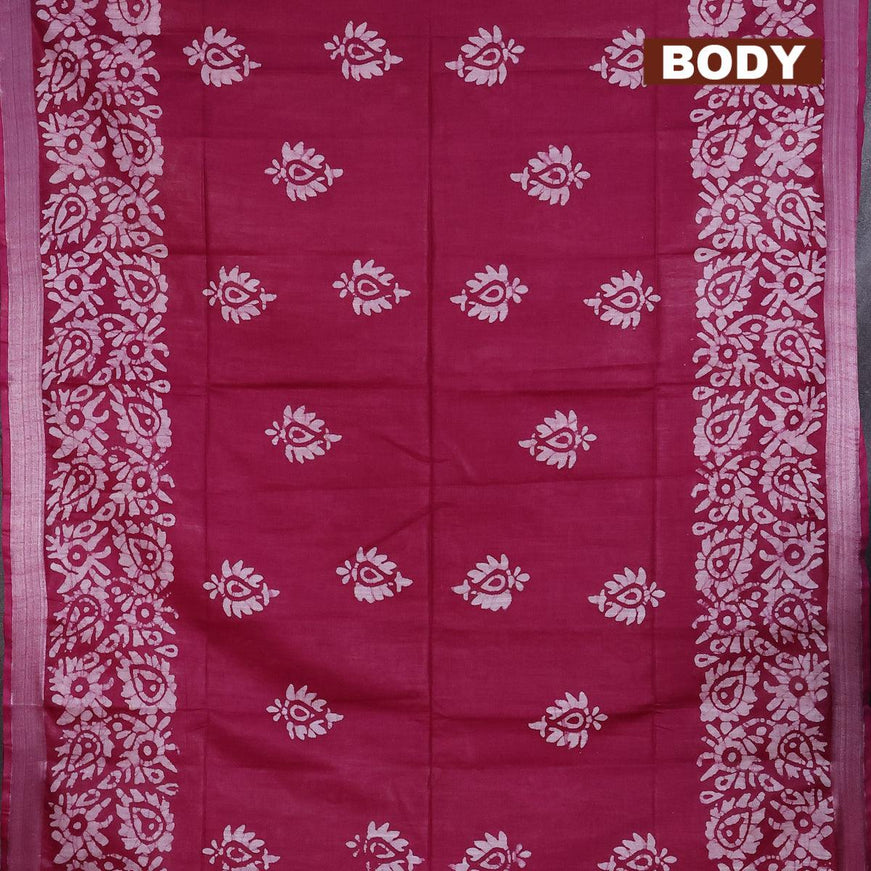 Linen cotton saree dark magenta with allover batik butta prints and silver zari woven border