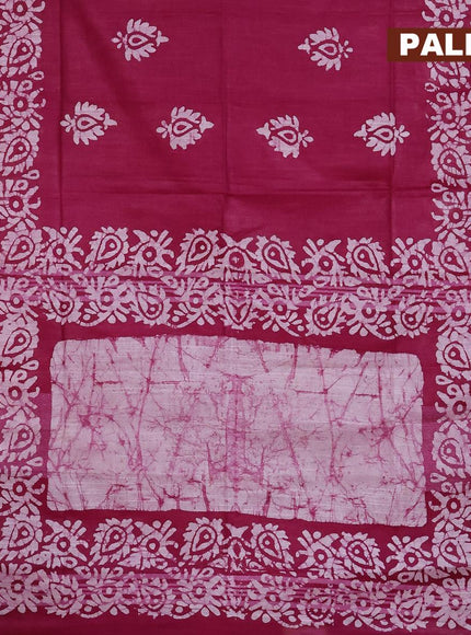 Linen cotton saree dark magenta with allover batik butta prints and silver zari woven border