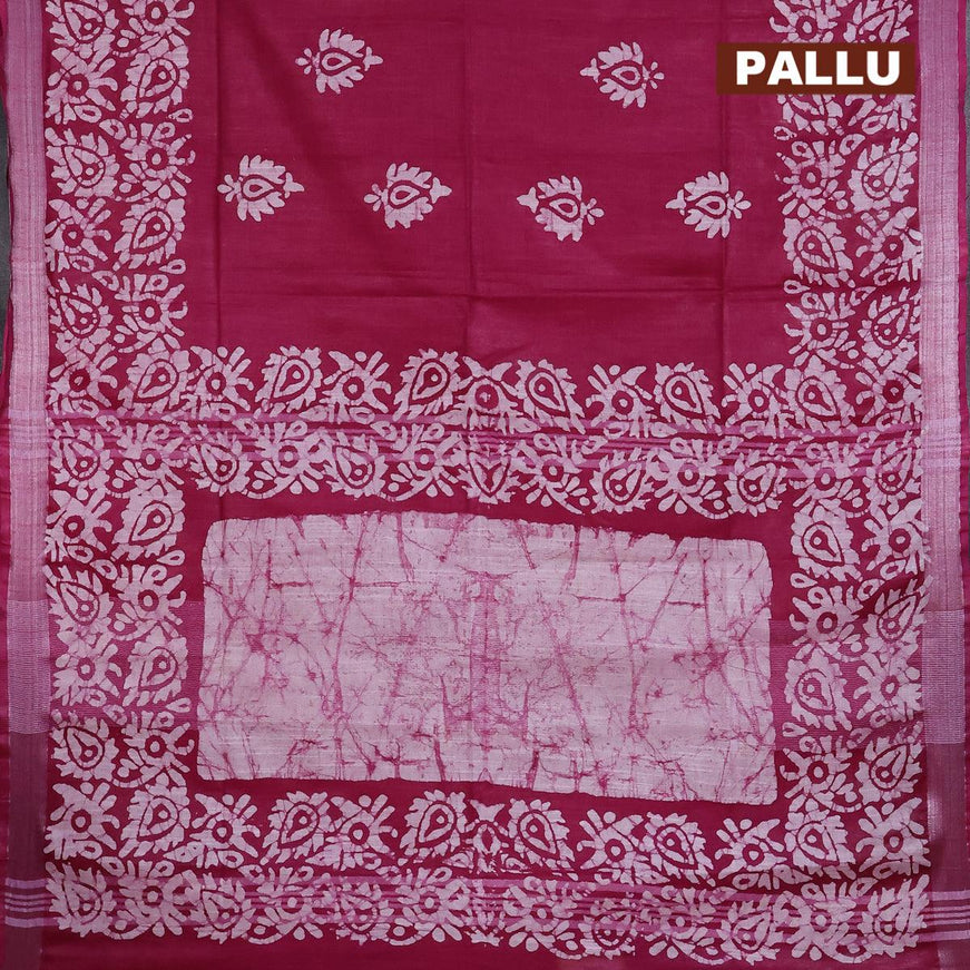 Linen cotton saree dark magenta with allover batik butta prints and silver zari woven border