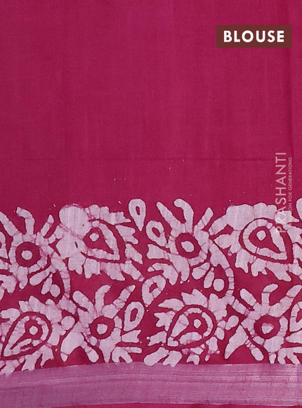 Linen cotton saree dark magenta with allover batik butta prints and silver zari woven border