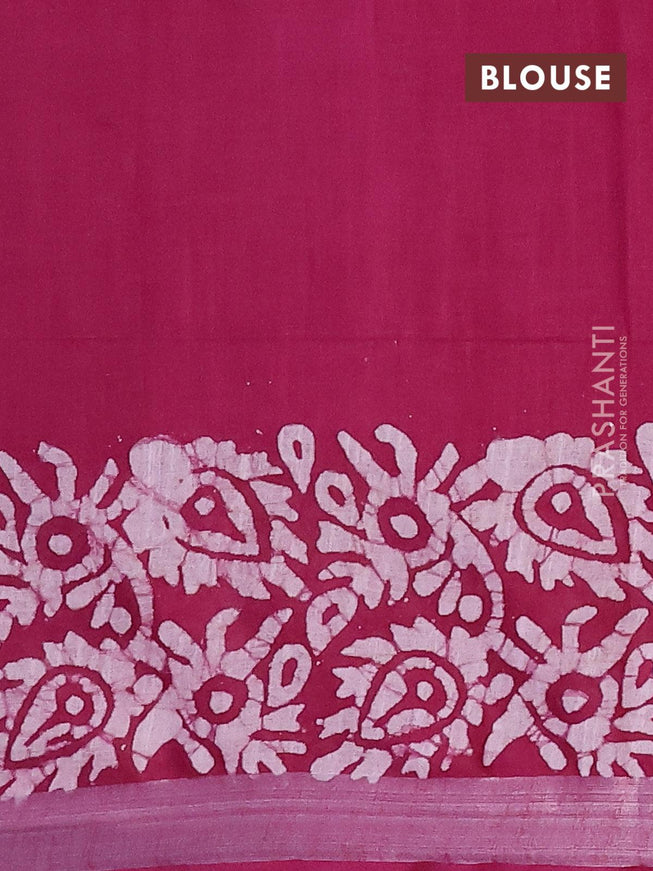 Linen cotton saree dark magenta with allover batik butta prints and silver zari woven border