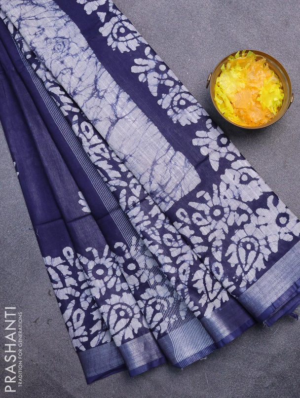 Linen cotton saree navy blue with allover batik butta prints and silver zari woven border