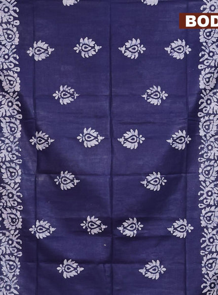 Linen cotton saree navy blue with allover batik butta prints and silver zari woven border