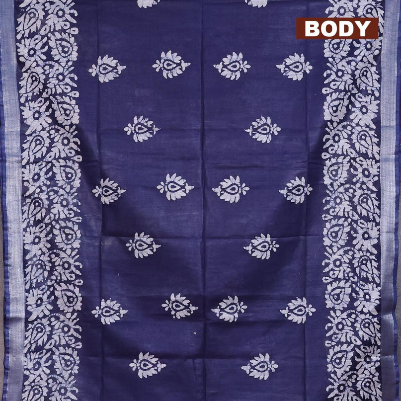 Linen cotton saree navy blue with allover batik butta prints and silver zari woven border