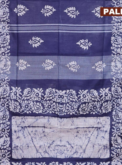 Linen cotton saree navy blue with allover batik butta prints and silver zari woven border