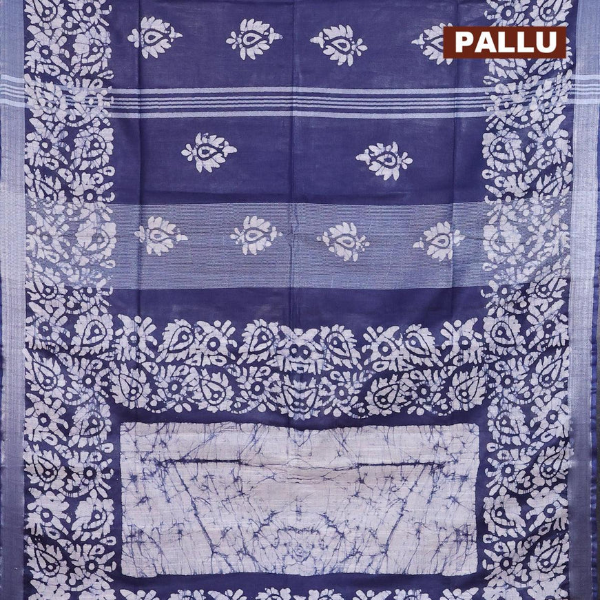 Linen cotton saree navy blue with allover batik butta prints and silver zari woven border