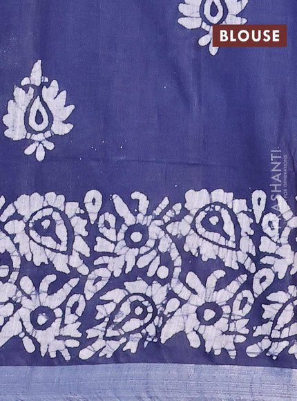 Linen cotton saree navy blue with allover batik butta prints and silver zari woven border