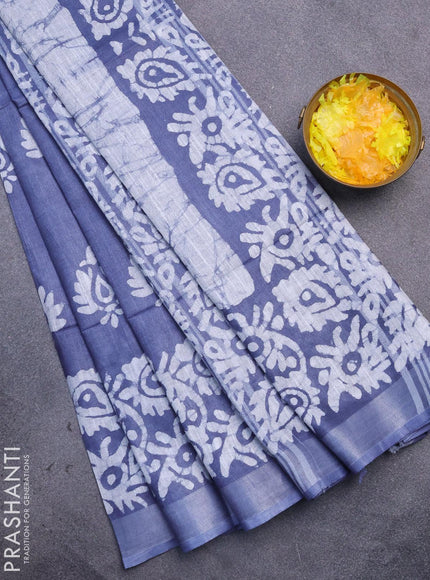 Linen cotton saree grey with allover batik butta prints and silver zari woven border