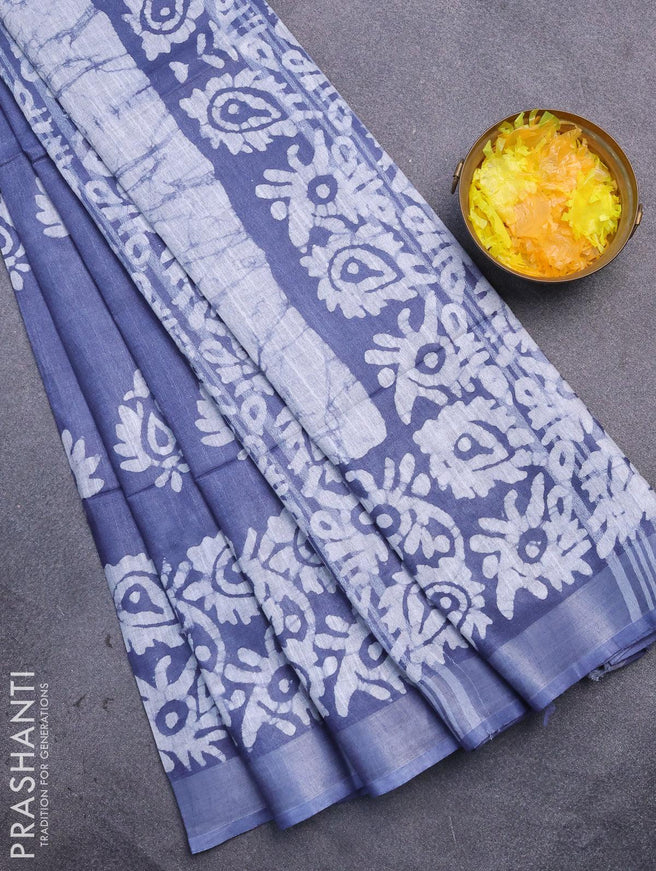 Linen cotton saree grey with allover batik butta prints and silver zari woven border