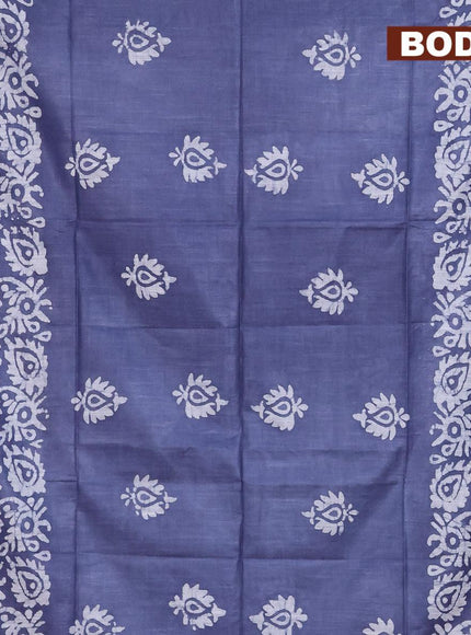 Linen cotton saree grey with allover batik butta prints and silver zari woven border